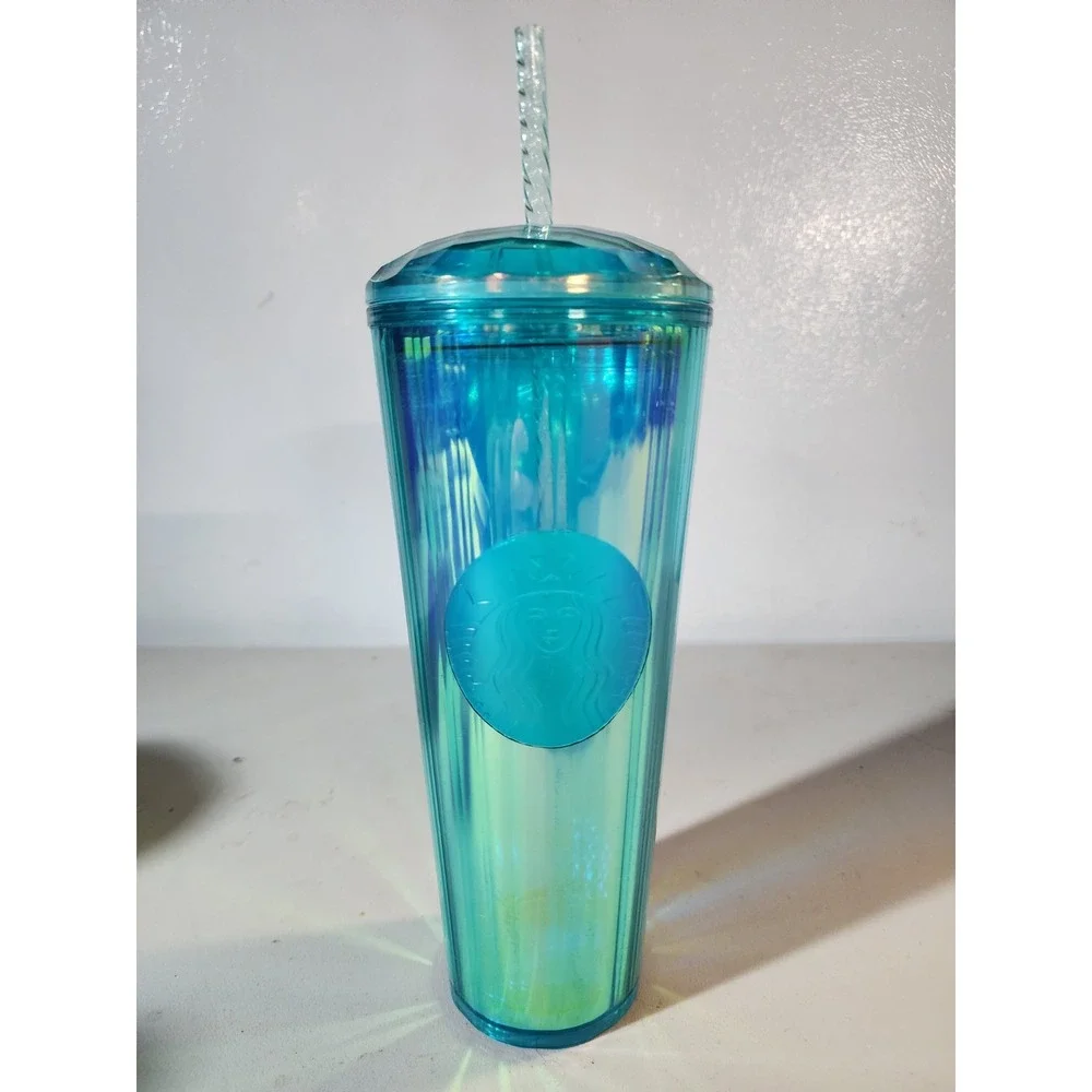 Starbucks 2021 Iridescent Teal Crystal Venti Tumbler Dome Top Cold Cup 24oz